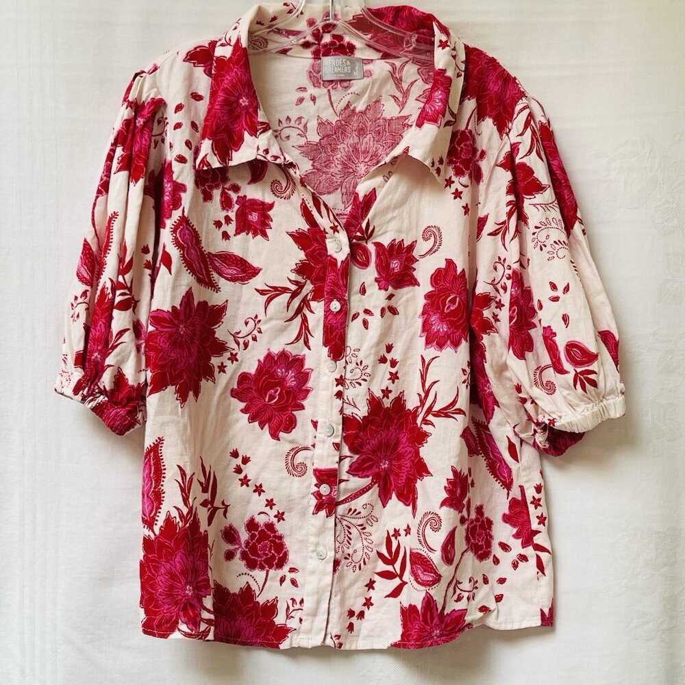 Heros and Dreamers Linen Blend Blouse Womens Medium Puff Sleeves Floral Boho Top